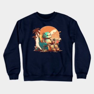 Old robot gets comfy with cup of coffee with orange bacground Crewneck Sweatshirt